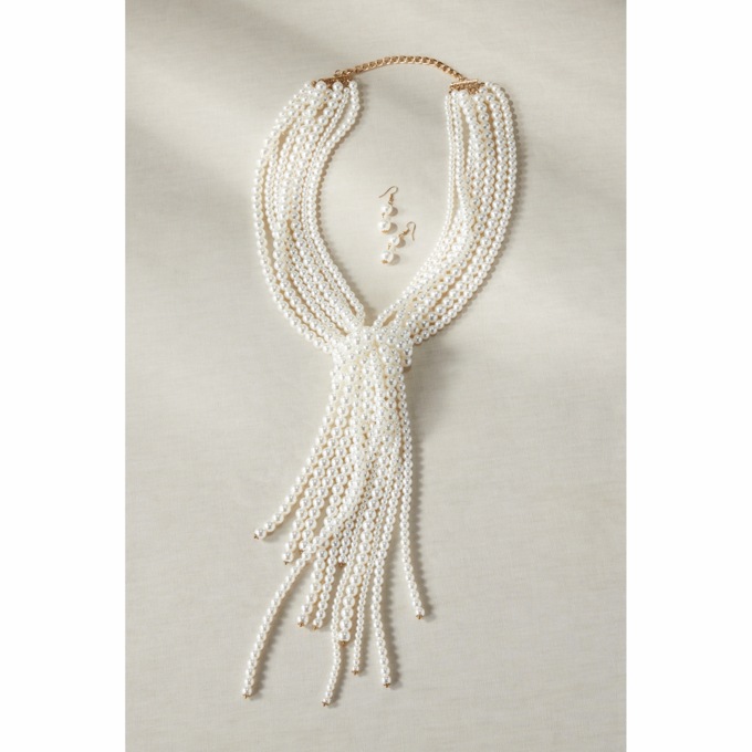Faux-Pearl Multi-Strand/Open-Tie Necklace & Earrings Set, , large