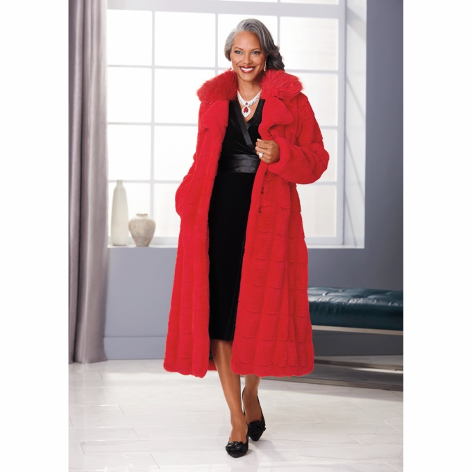 Long Faux-Fur Mink Coat, Red, large