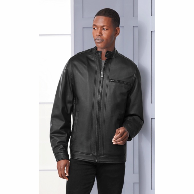Sherpa-Lined Leather Coat, Black, large