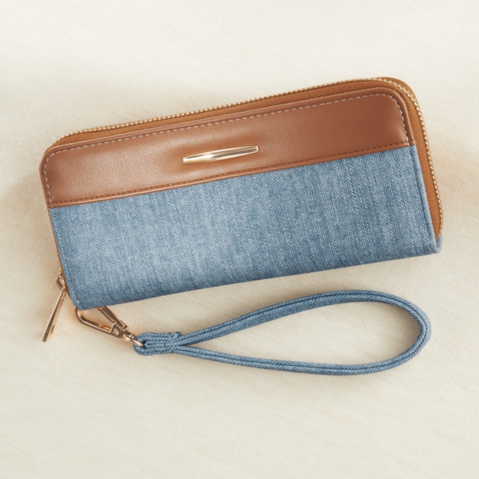 Denim Zip-Close Wallet with Removable Wristlet Strap, Denim, large
