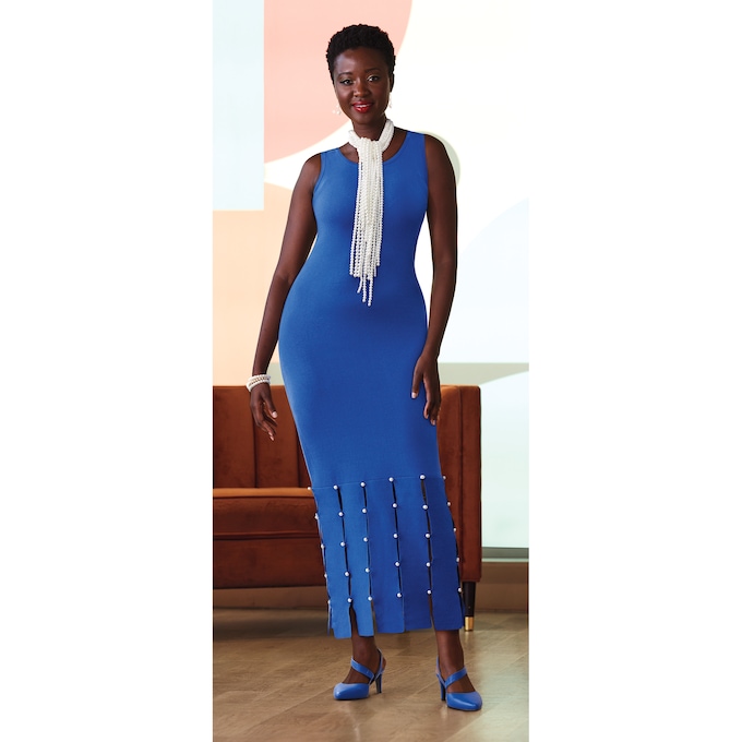 Pearl-Hem Sweater Maxi Dress, , large