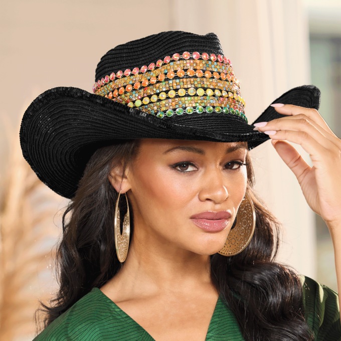Sasha Cowboy Hat with Rhinestones and Sequins, Black/Multi, large