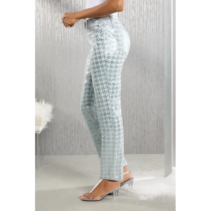 Sequin Houndstooth Stretch-Denim Slim-Leg Jean, Light Wash, large
