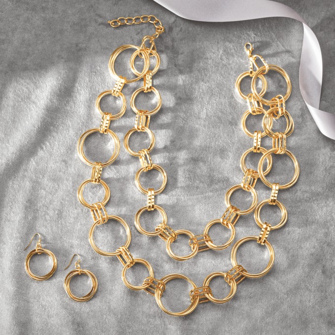 Multi-Strand Rings Necklace & Earrings Set, Goldtone, large
