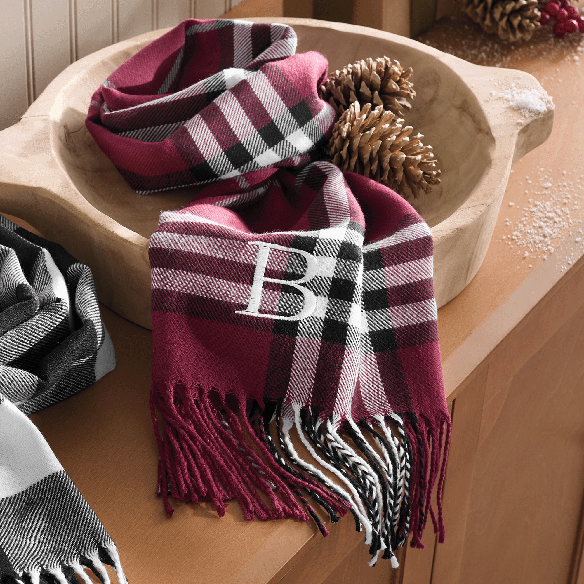 Men's Plaid Scarf, Wine, large