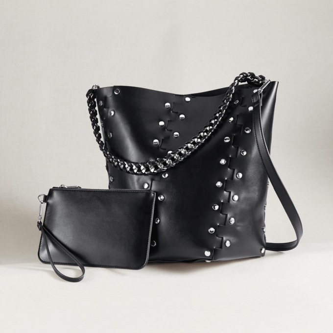Studded Faux Leather Hobo, Black, large