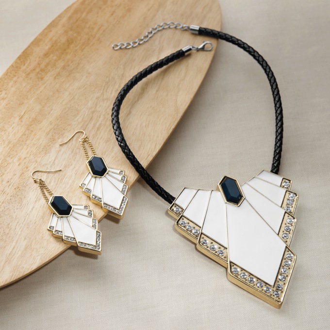  Art Deco Necklace & Earring Set, Black White, large