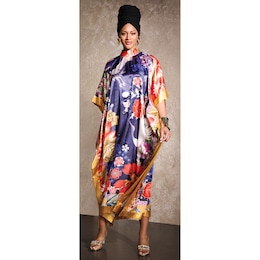 Zella Long Maxi Caftan with Mandarin Collar and Back Tie in Exotic Print, , large