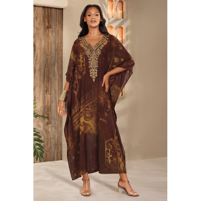 Trinity Long Printed Caftan for Women, Brown Multi, large
