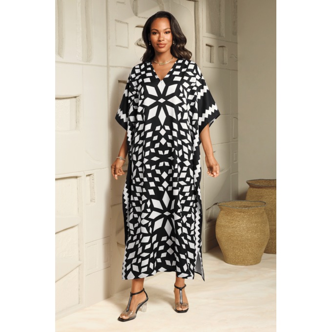 Garcelle Long High-Contrast Geometric Print Caftan, Black White, large