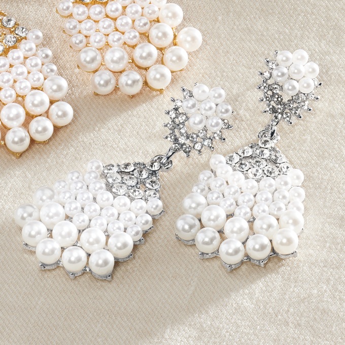 Faux-Pearl/Crystal Cluster Drop Earrings, , large