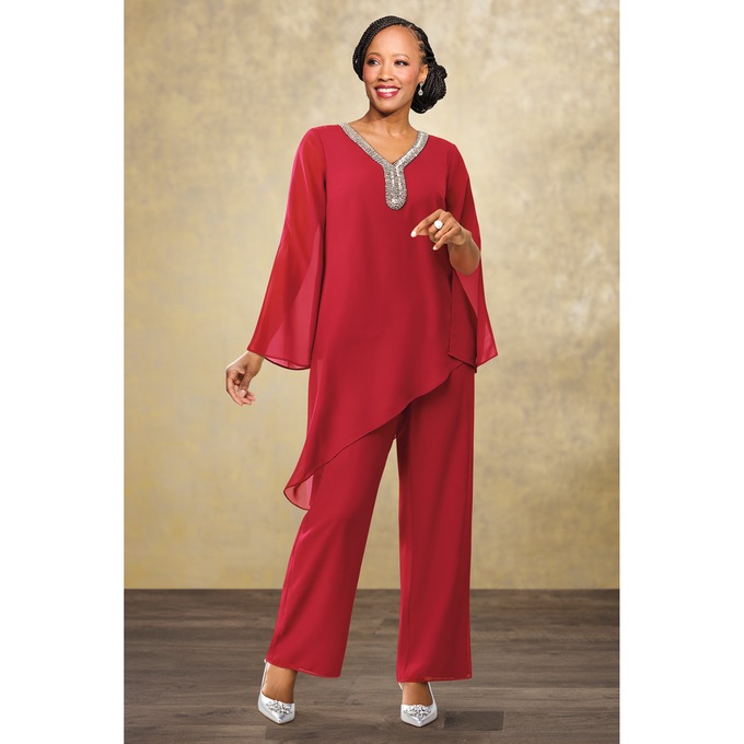 Imani Flowy Women's 2-Piece  Pant Outfit with Sparkly Beaded Neckline, , large