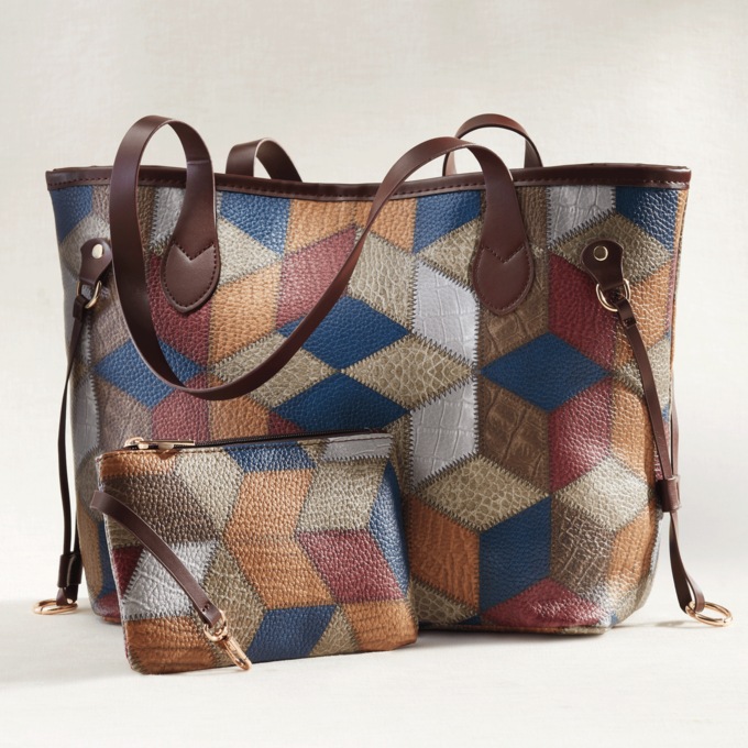 2-Piece Patchwork Tote Set, Brown Multi, large