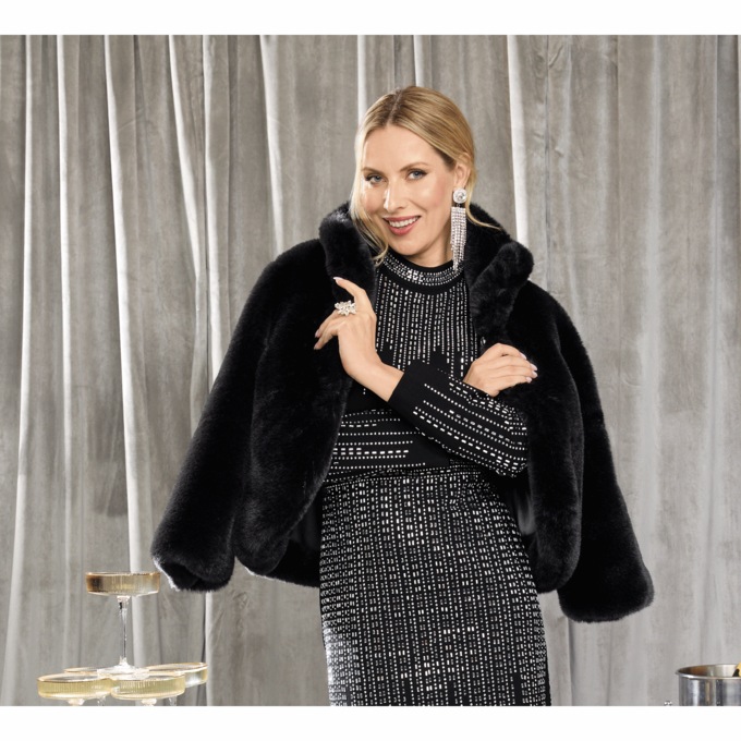 Cora Cropped Faux-Fur Jacket with 3/4 Length Sleeves, , large