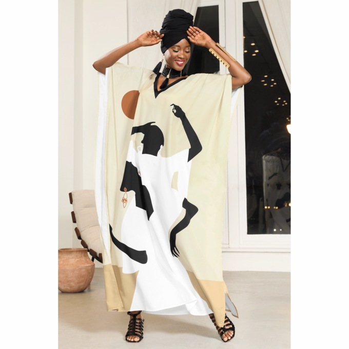 Emen Women&rsquo;s Long Caftan with Afrocentric Graphic and V-Neck , , large