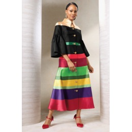 Multi-Striped Fit-and-Flare Dress with Rhinestone Rose Buttons, , large