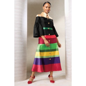 Multi-Striped Fit-and-Flare Dress with Rhinestone Rose Buttons, , large