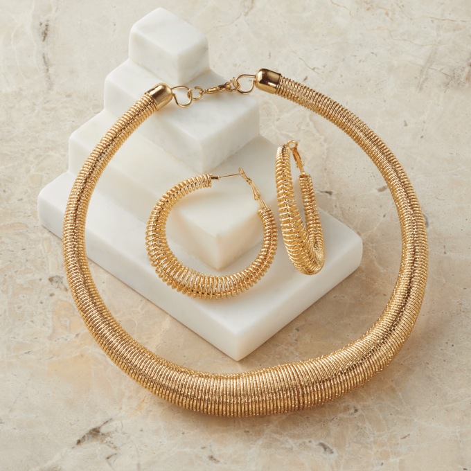 Coil Necklace & Hoop Set, Goldtone, large