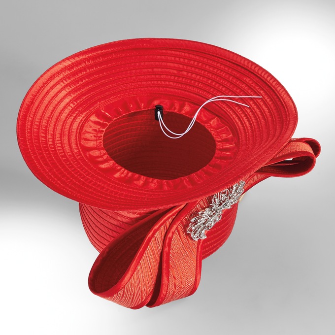 Kelis Women's Church Hat with Oversized Bow and Rhinestone Brooch, Flame Red, large