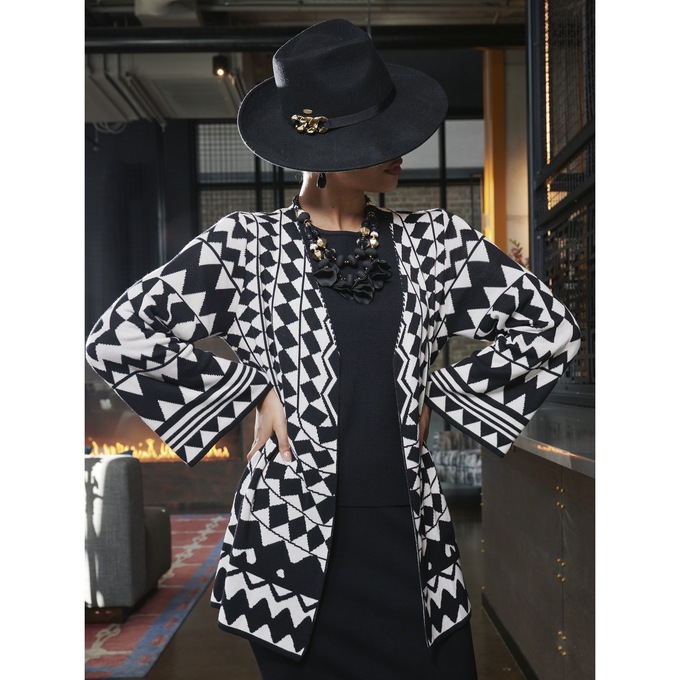 Kali Op-Art Cardigan in Geometric Jacquard Sweater Knit, , large