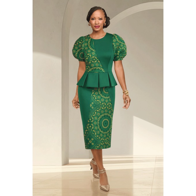 Satta Peplum Puff-Sleeve Peplum Midi-Sheath Dress in Stretch Scuba, , large
