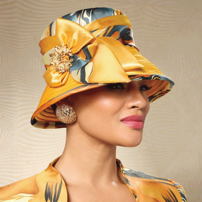 Zelle Hat with Printed Twill, Rhinestones, Bow and Brooch, Spice Multi, large