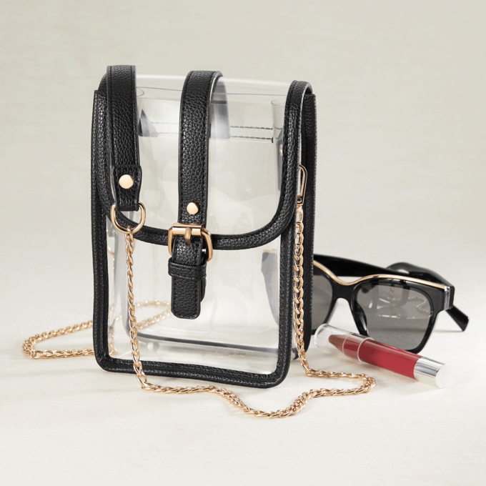 Clear Cell Phone Crossbody with Gold Chain, Black, large