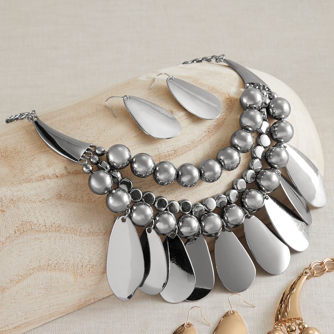 Bead Teardrop Necklace & Earring Set, Silvertone, large
