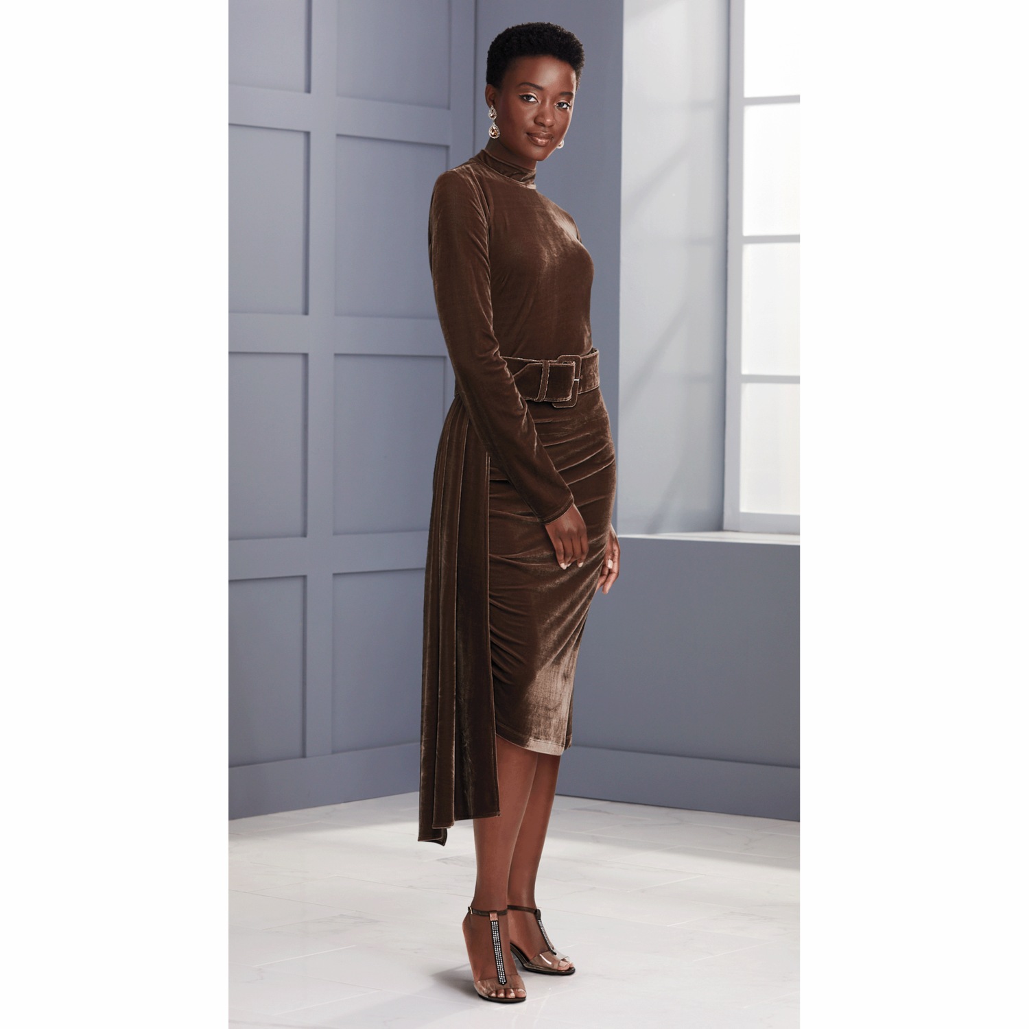 Velvet-Draped Dress with Belt | ASHRO
