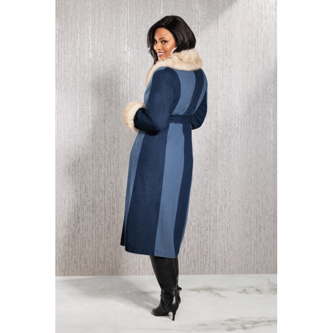 Livia Denim Trench with Removable Faux-Fur Collar and Cuffs, Blue, large