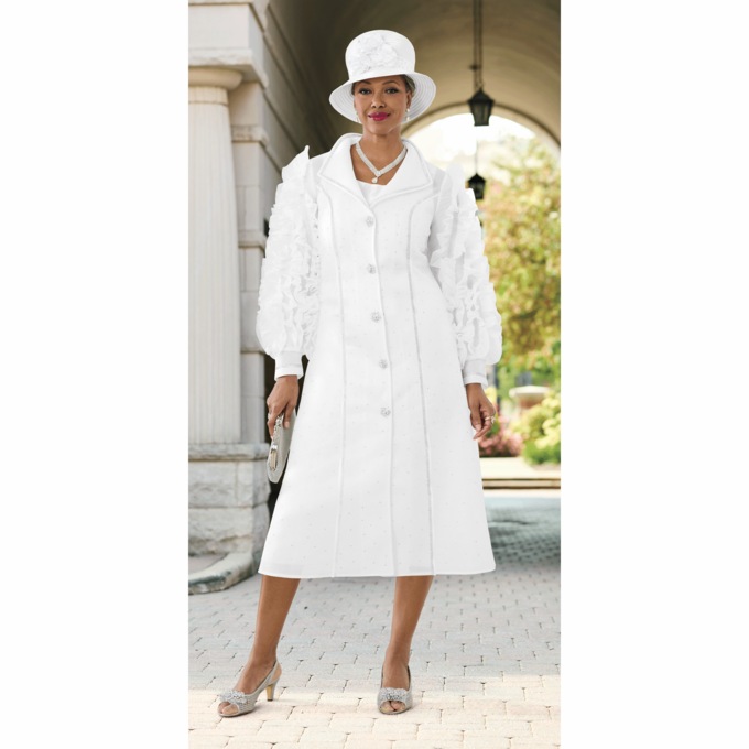 Delfina Ruffle-Sleeve Jacket Dress with Rhinestone Accents, White, large