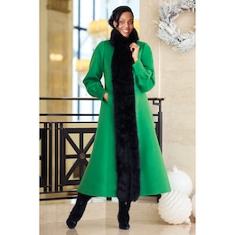 Lena Long Faux-Fur Trim Women's Coat with Balloon Sleeves, , large