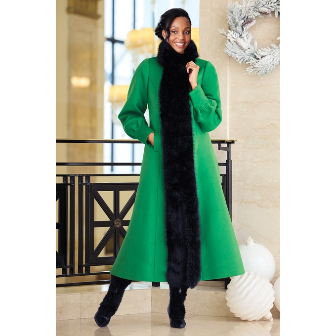 Lena Long Faux-Fur Trim Women's Coat with Balloon Sleeves, , large