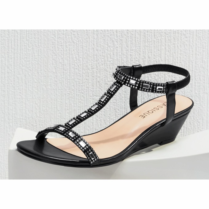 Classique Rhinestone T-Strap Wedge, , large