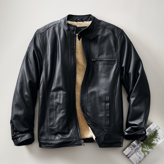 Sherpa-Lined Leather Coat, Black, large