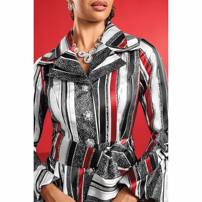 Thressa Bubble-Hem A-Line Dress with Double-Collar, Bows and Bold Stripes, , large