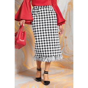 Hudson Houndstooth Midi Pencil Skirt with Feather Trim, , large