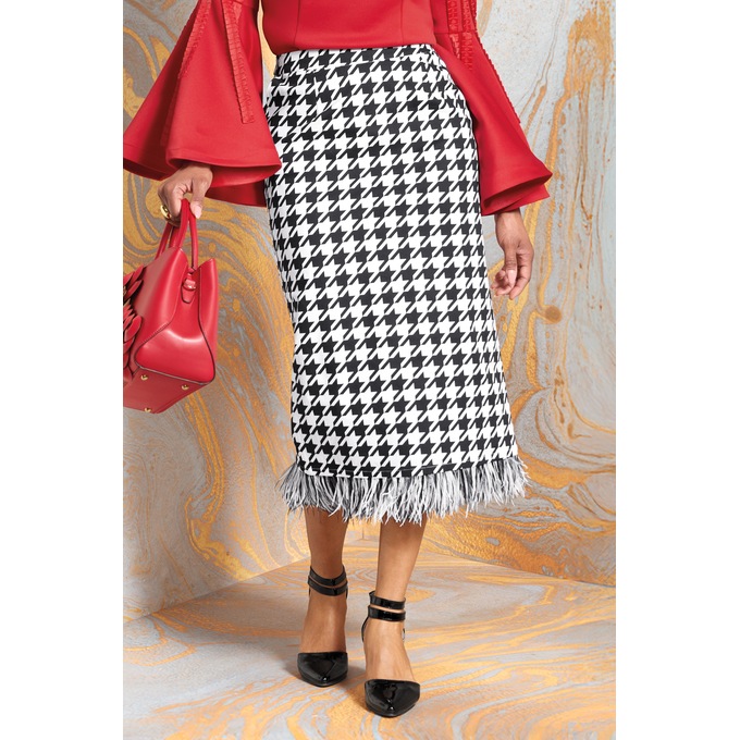 Hudson Houndstooth Midi Pencil Skirt with Feather Trim, , large
