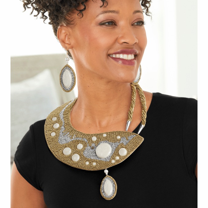 Bead/Drop Two-Tone Necklace & Earring Set, , large