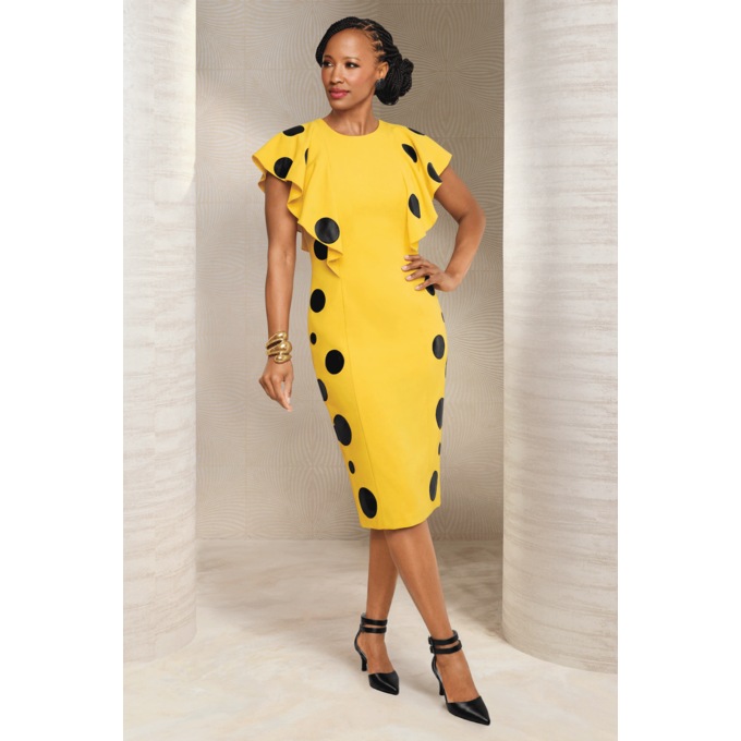 Faux-Leather Polka-Dot Trimmed Midi Sheath Dress with Shoulder Ruffle, , large