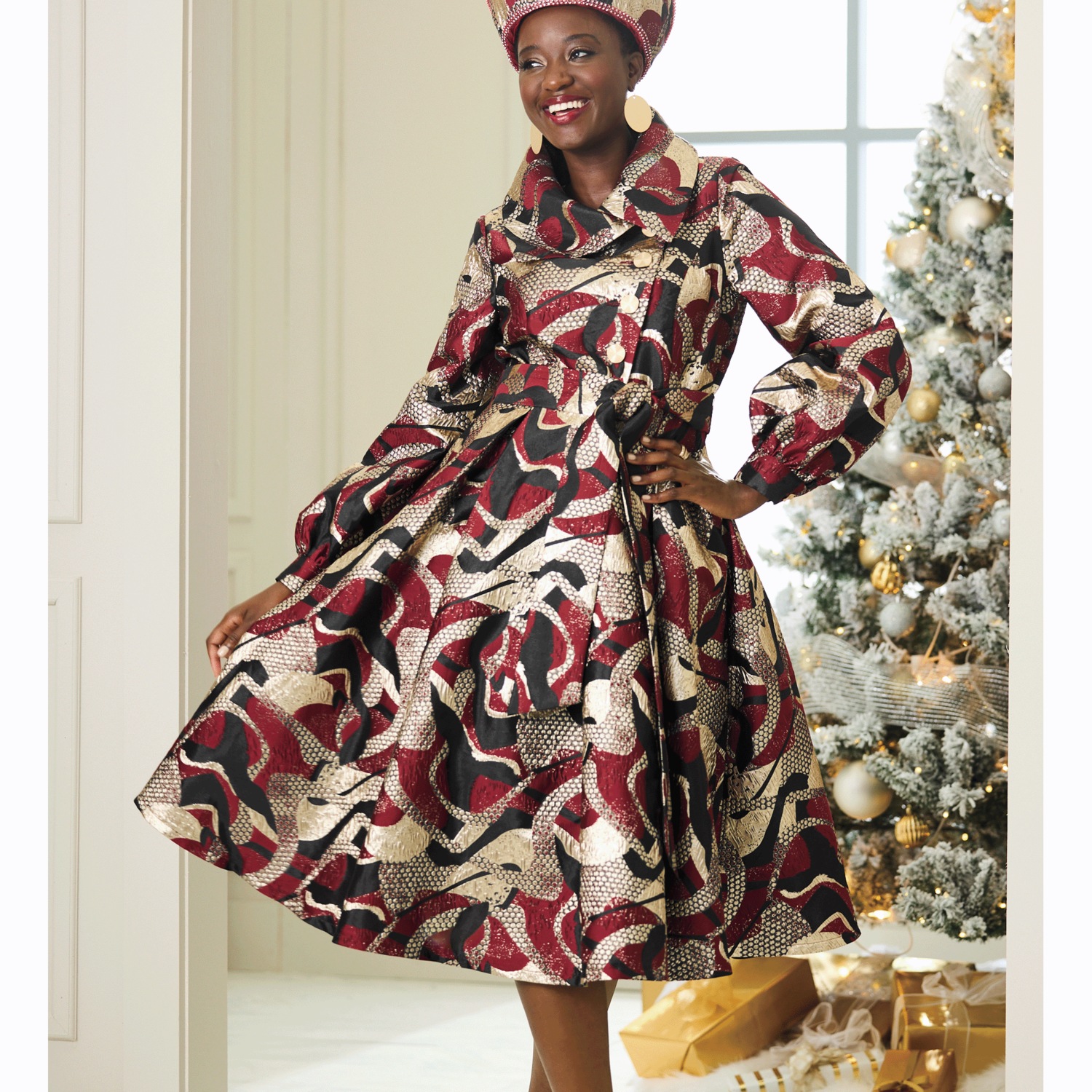 Kelcia Fit-and-Flare Jacquard Dress with Balloon Sleeves and