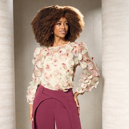 Lou Ann Sheer Mesh Top with 3D Satin Flowers and Faux Pearls Plus Cami, , large
