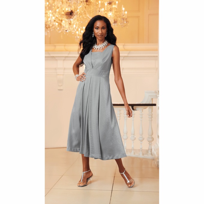 Elegant Fit-and-Flare Sparkling Jacket  Dress with 3/4 Sleeve, Silver, large