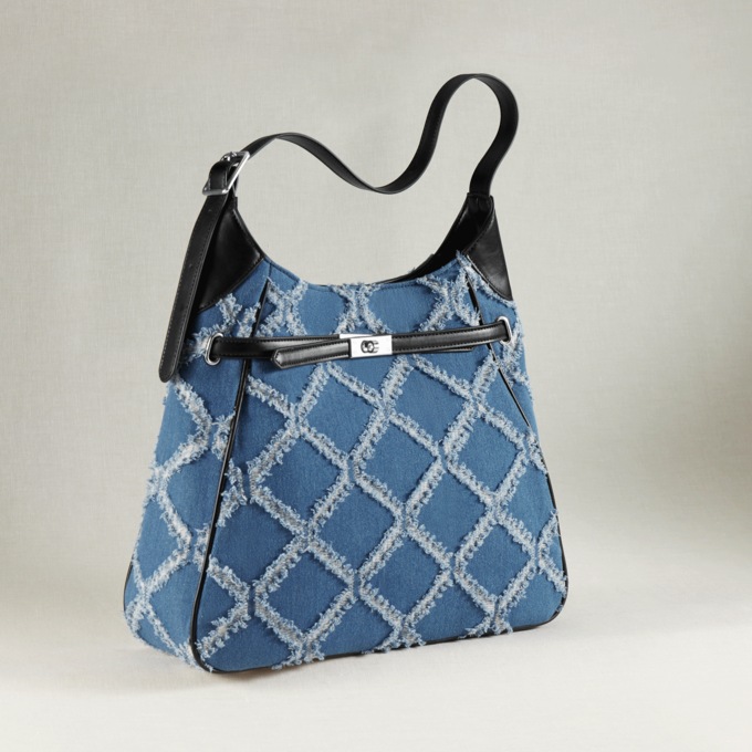 Diamond-Pattern Frayed-Denim Hobo with Turn-Key Closure, Denim, large