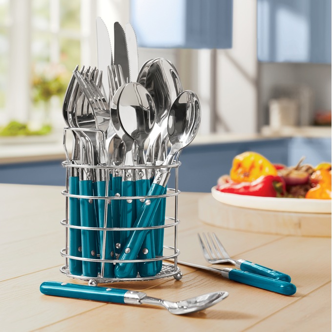 20-Piece Colored Flatware Set with Round Wire Caddy, , large