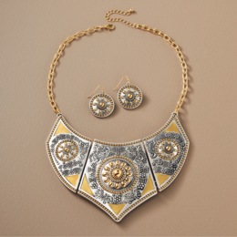 Metal Medallion Bib Necklace &amp; Earring Set, , large