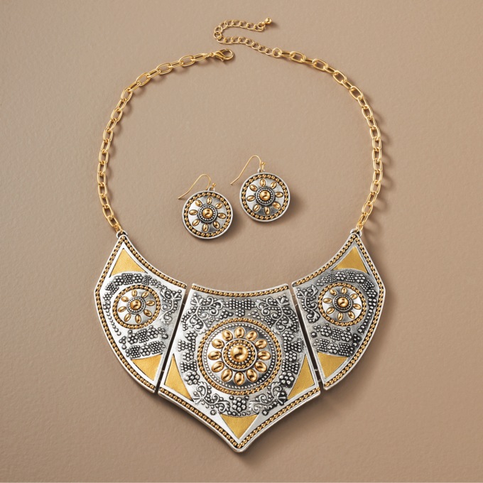 Metal Medallion Bib Necklace & Earring Set, , large
