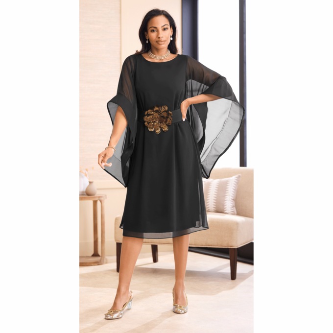 Flower Belted Dramatic Sleeve Dress, , large