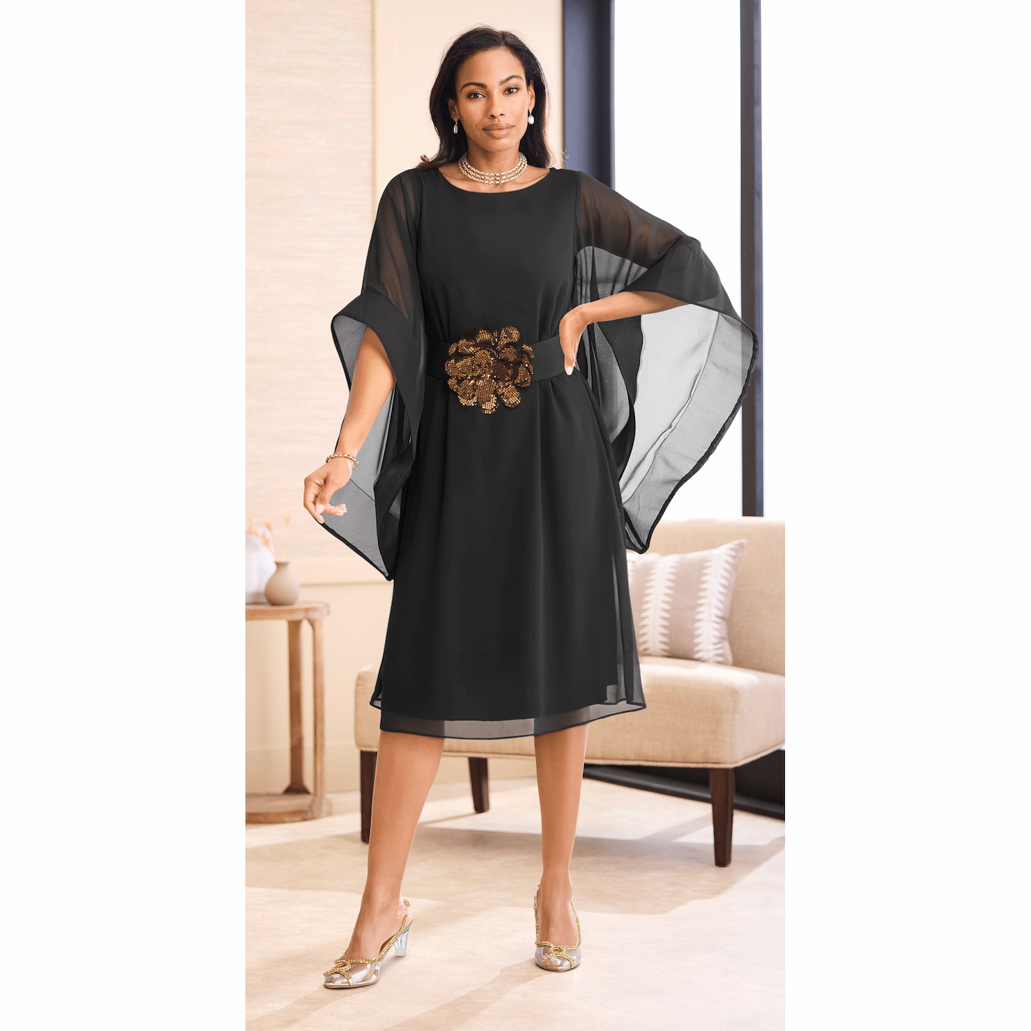 Flower Belted Dramatic Sleeve Dress ASHRO
