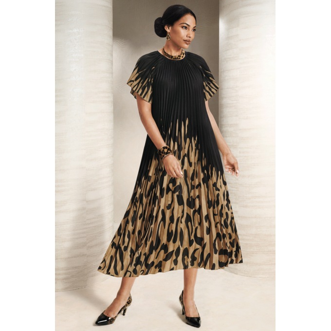 Sharlotte All-Over Pleated A-Line Dress with Flutter Sleeve and Belt, , large